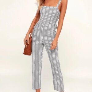 Amuse Society Lookout Jumpsuit Blue White Striped Tie Back Strappy Size M